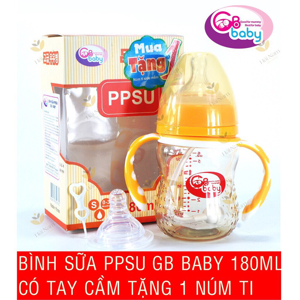 Bình sữa PPSU GB-BABY có tay cầm 180,240ml(tặng 1 núm ti Silicon)