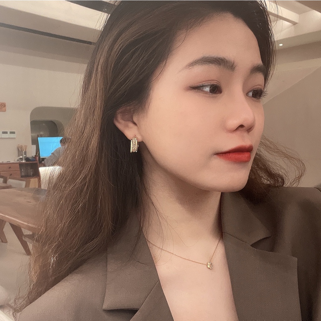 Bông Tai Mạ Bạc 925 Hai Lớp Hình Vuông Đính Đá zircon Đơn Giản Cá Tính Phong Cách Hàn Quốc