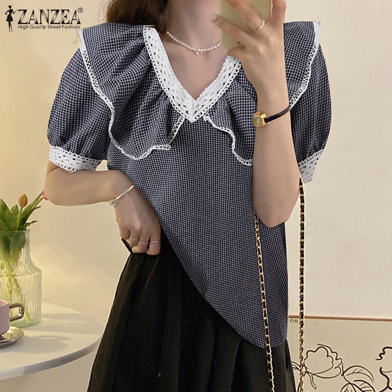 Áo sơ mi ZANZEA tay ngắn viền bèo họa tiết caro thời trang Hàn Quốc cho nữ