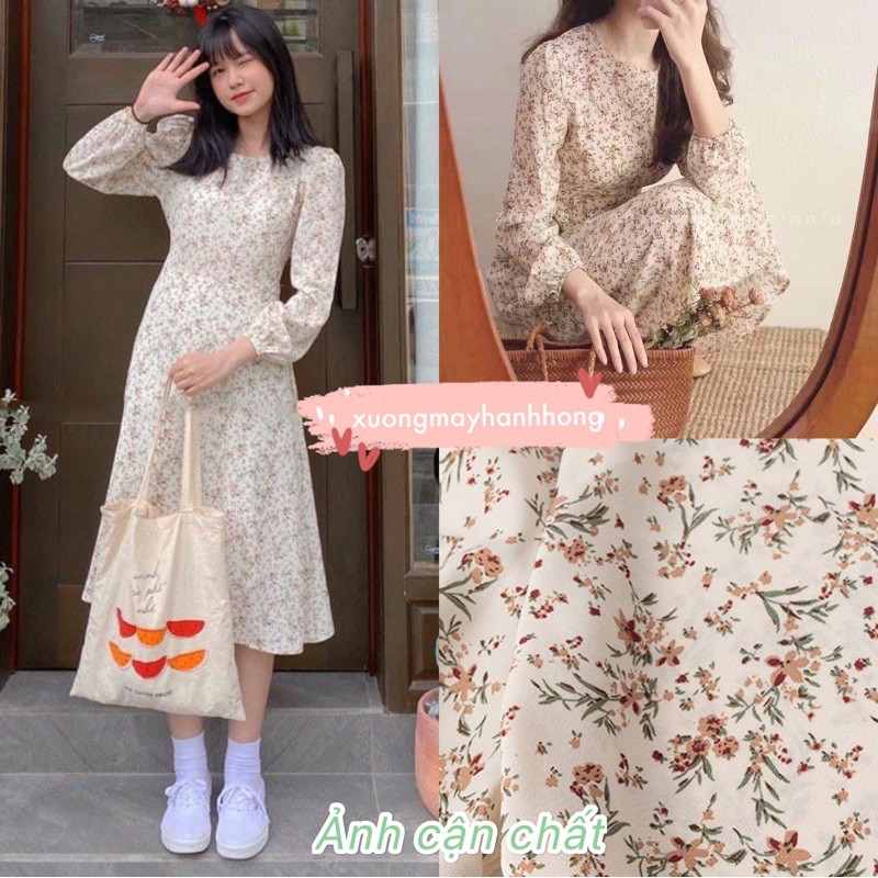 [Video/Ảnh Thật] Váy Hoa Cỏ - Váy hoa nhí dáng dài 2 lớp thắt nơ eo Vintage - Xưởng May Hạnh Hồng