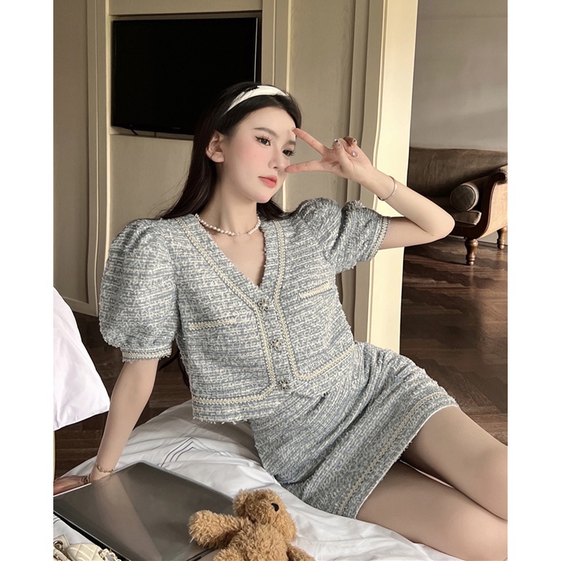 Set váy nữ áo croptop tiêu thư sang chảnh Hàn Quốc mùa hè dạ tweed SVN004