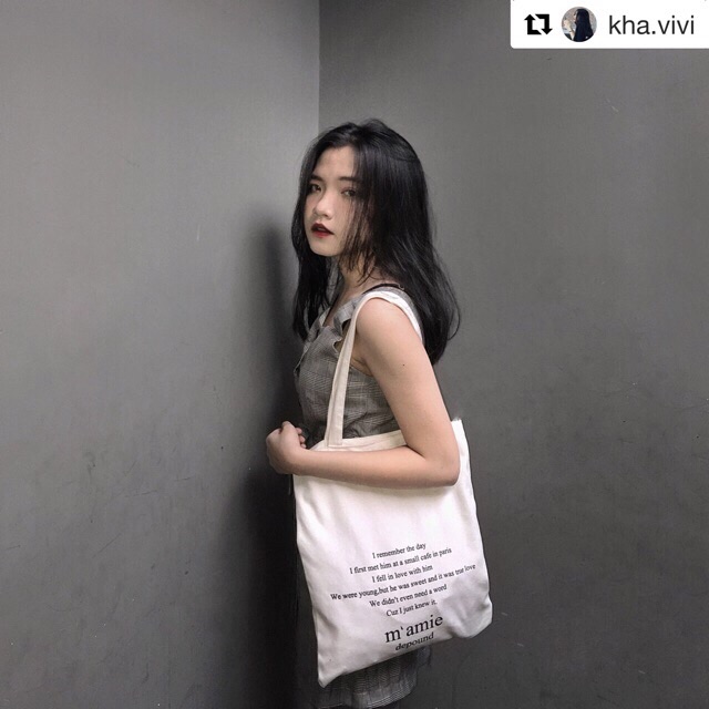 TÚI TOTE VẢI TÚI canvas TRẮNG CHỮ PHÁP M’AMIE DEPOUND CAM CAM