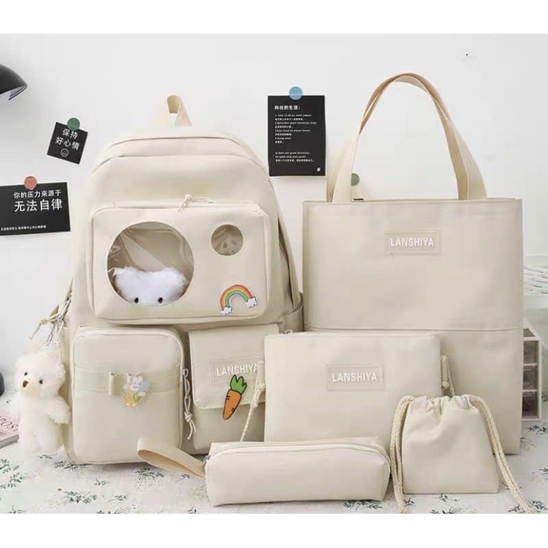 SET BALO 4 MÓN ĐI HỌC, SET BALO THỜI TRANG - MICA GẤU trong suốt phối lưới ĐI HỌC CẤP 1,2,3 ulzzang