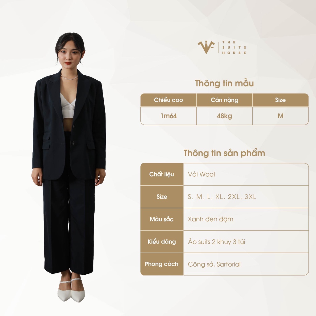 Bộ vest nữ xanh đen đậm 2 khuy ống rộng, suits sartorial chất cashmere The Suits House