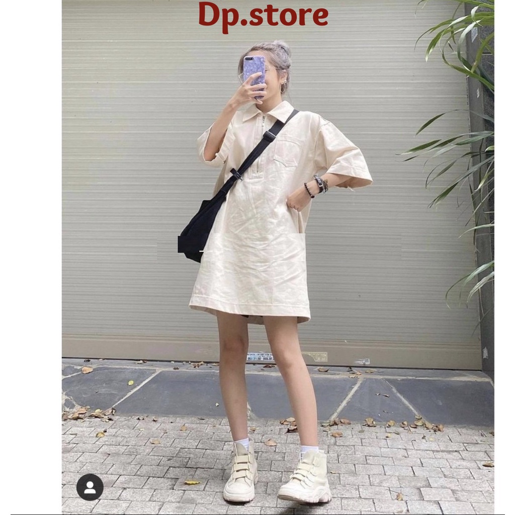 Đầm kaki dáng suông cổ polo DPS - Váy cộc tay lỡ màu be cổ V phong cách vintage, cá tính hàn quốc ulzzang