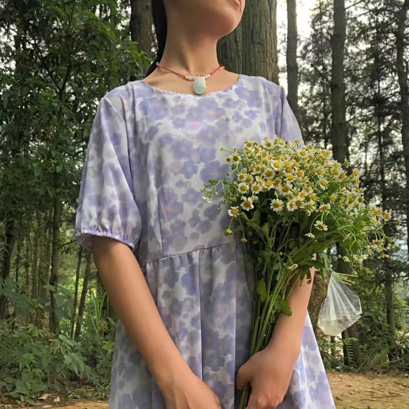 Váy baby doll hoa nhí cổ tròn dáng dài