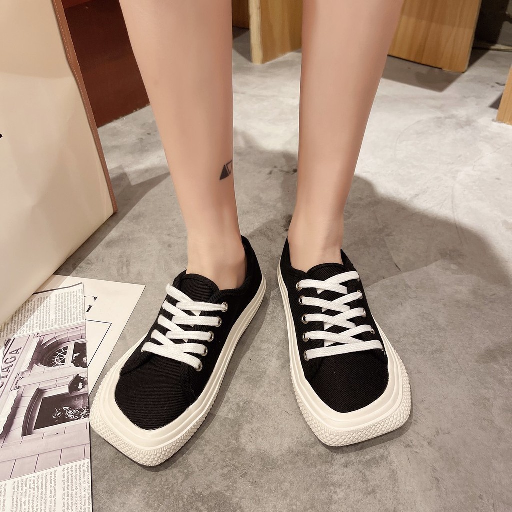[ Mã 66CBSALE giảm 30K đơn 200K] Giày Vải Canvas Đế Bằng Mũi Vuông Phối Dây Thắt Sành Điệu Cho Nữ | BigBuy360 - bigbuy360.vn