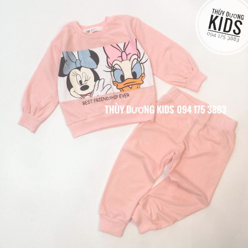 Bộ nỉ cotton Minnie & Daisy hồng Vnxk cho bé gái 1,5-10Y