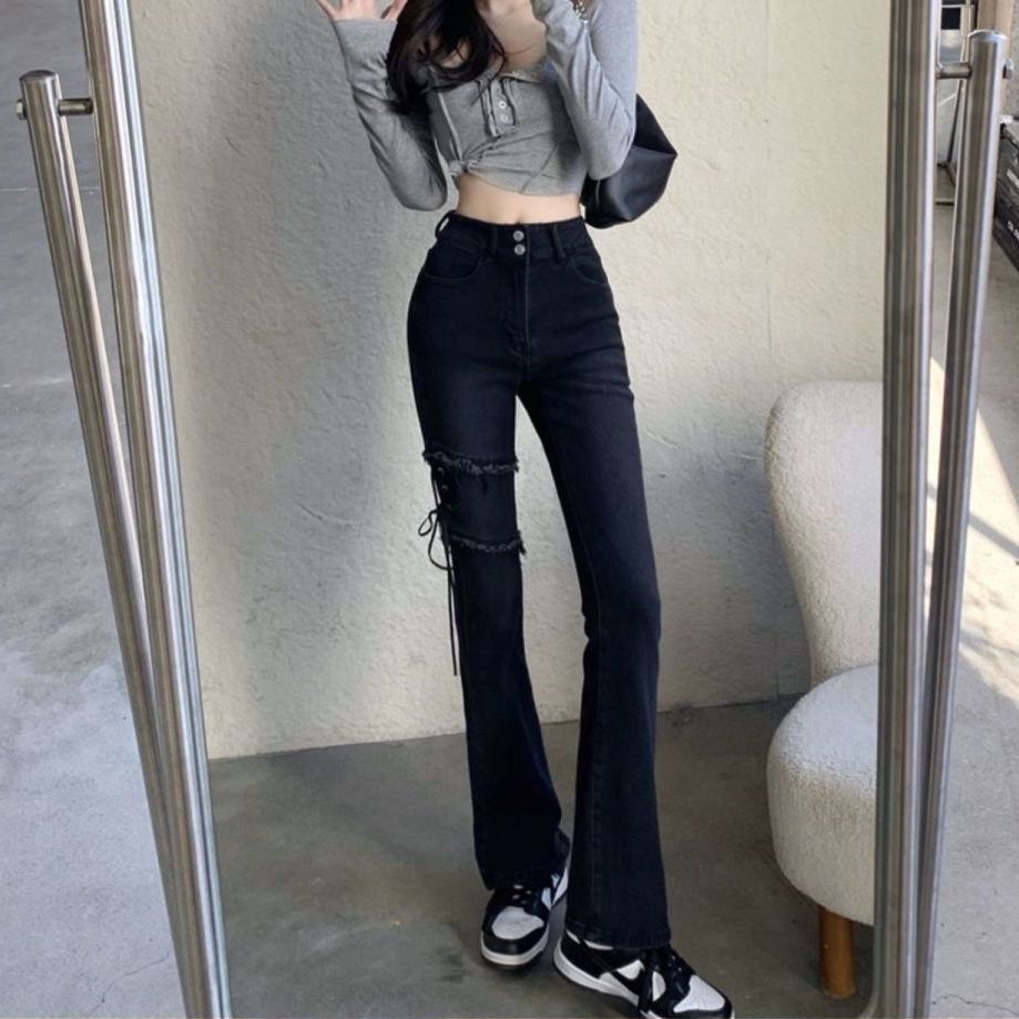 Quần denim nữ màu đen ống loe phong cách cổ điển