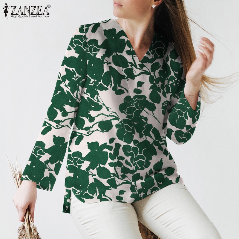 Áo kiểu ZANZEA tay dài cổ chữ V in hoa phong cách vintage thời trang cho nữ