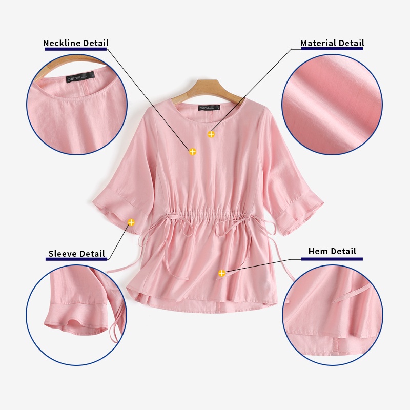 Áo kiểu ZANZEA thiết kế cổ tròn dáng rộng tay lửng phối dây rút thời trang cho nữ