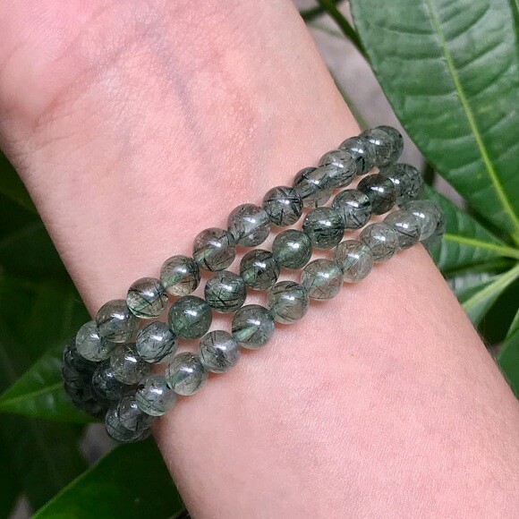 Chuỗi hạt vòng tay đá Thach Anh Tóc Xanh thiên nhiên 5,5 ly quấn 3 vòng tay VT100 - Hợp mệnh Mộc, Hỏa