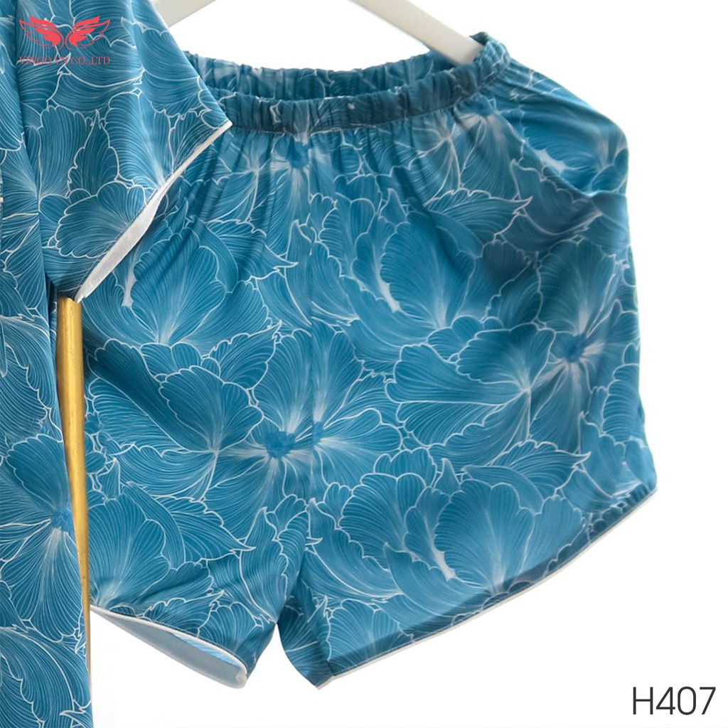 VINGO Bộ Đồ Mặc Nhà Kiểu Dáng Pijama Nữ Lụa Pháp Tay Cộc Quần Cộc Họa Tiết Hoa Thủy Tiên Trắng Nền Xanh Dương H407 VNGO