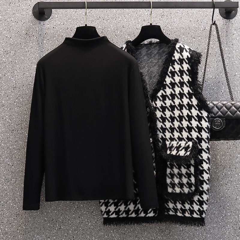 Áo sweater dệt kim RENJIANVSHENG Xiaoxiang sát nách họa tiết houndstooth nhẹ nhàng phong cách Hàn Quốc cho nữ