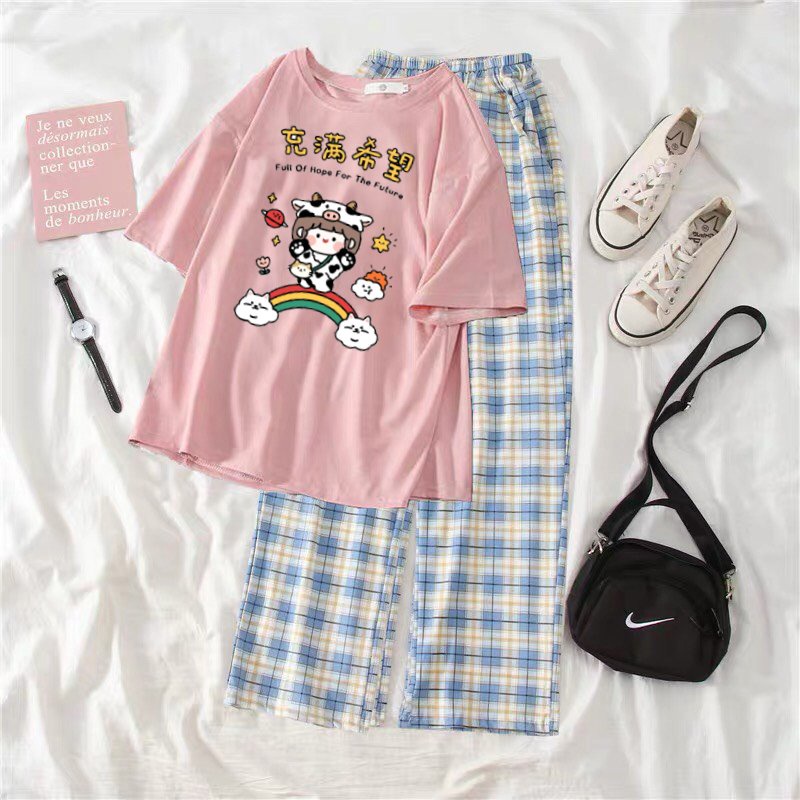 Sét áo phông Cô bé bò sữa + quần kẻ, Áo thun from rộng, rộng rãi thoải mái mặc ở nhà và mặc đi chơi - FANI