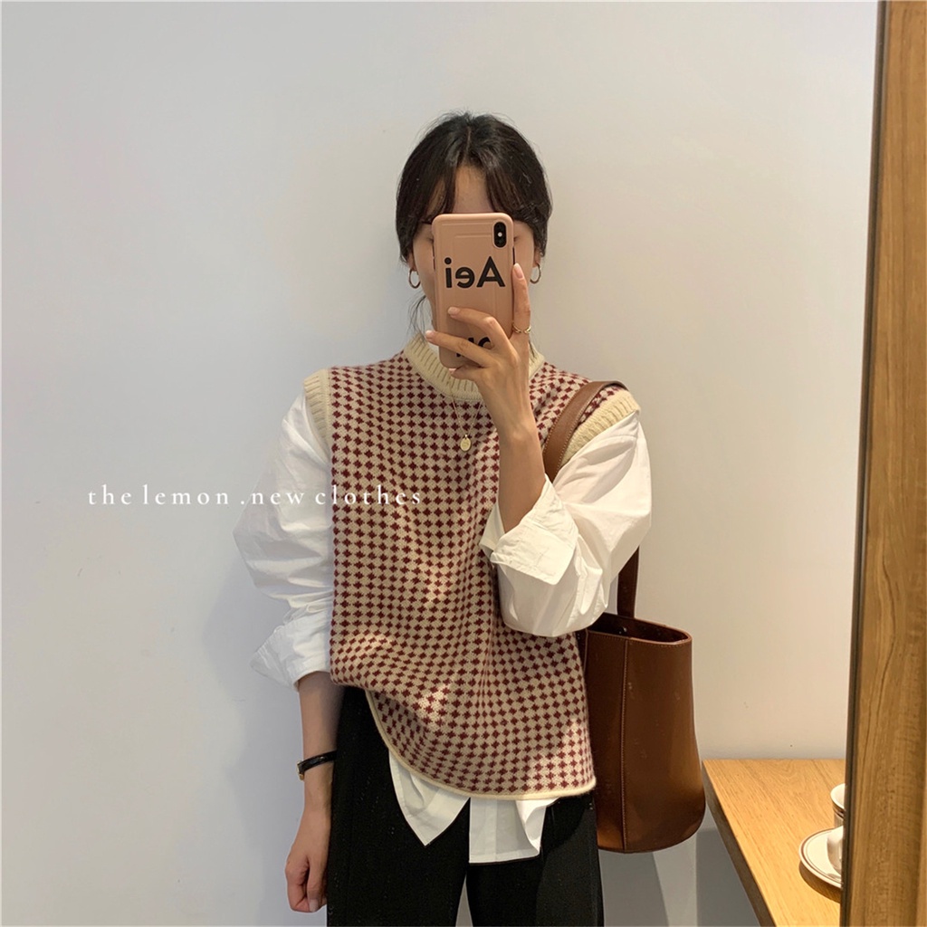 Áo Khoác Len Không Tay Cổ Tròn Dáng Rộng Màu Sắc Retro Hàn Quốc