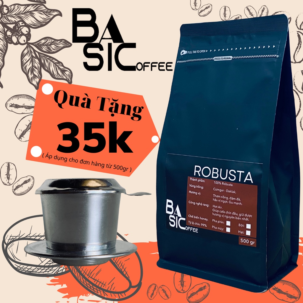 Cà Phê Robusta Nguyên Chất Rang Xay Mộc 500gr Bassic Coffee Vị Đắng Đầm Hậu Ngọt Thơm Nồng Cafe Sạch Đăk Lăk