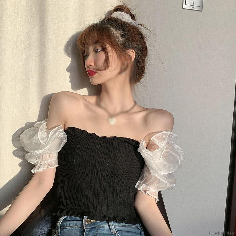 Áo Croptop Dệt Kim Tay Ngắn Cổ Vuông Phong Cách Hàn Quốc