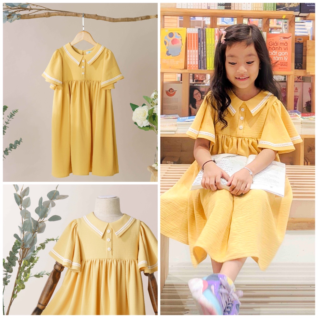 Váy Bé Gái Thiết Kế Nora Màu Vàng Nắng, Tay Áo Cánh Tiên Viền Ren BEBAE KIDSWEAR