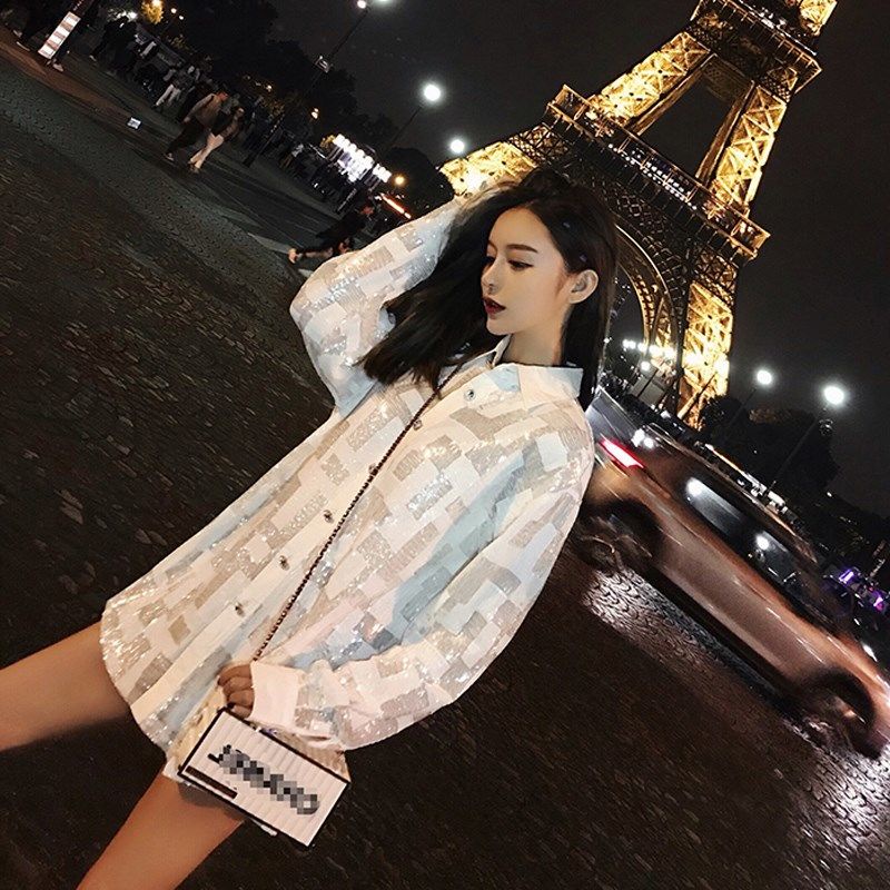 Áo Sơ Mi Tay Dài Đính Kim Sa Lấp Lánh Thời Trang Dành Cho Nữ