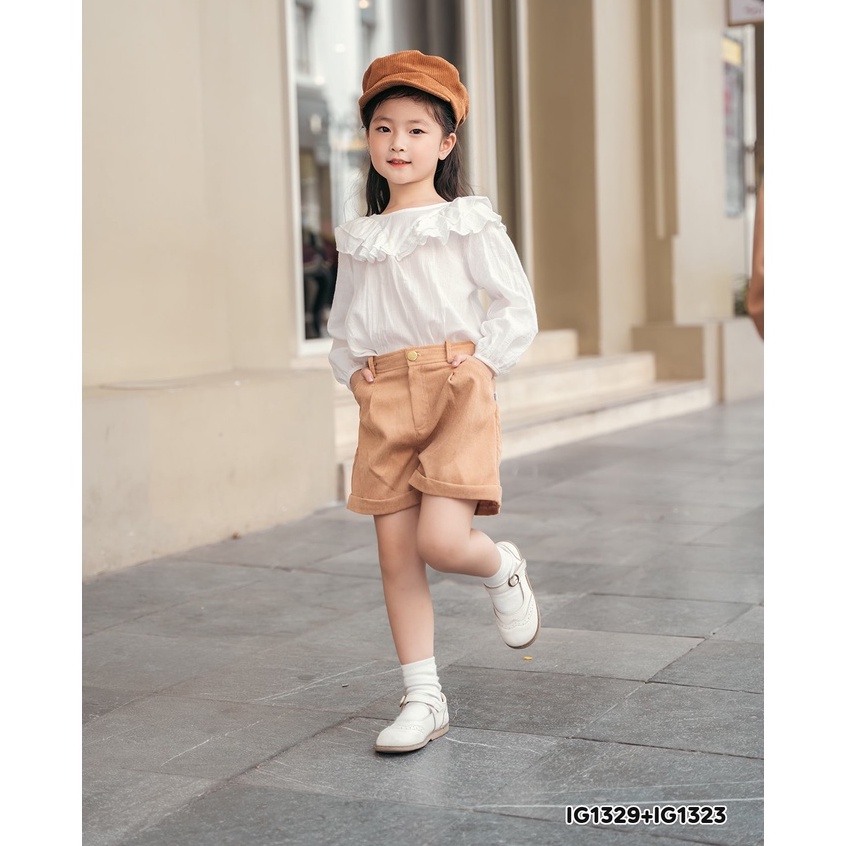 Áo sơ mi cách điệu bé gái ILABY hai tầng bèo cổ chất liệu thô dệt [22IG1329I2DL]