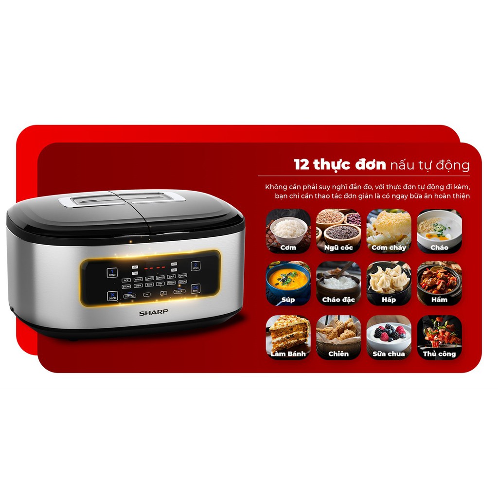 Nồi cơm điện tử đa năng Sharp 1.8 Lít, 2 ngăn nấu 4 món/lần, điều khiển cảm ứng (KN-TC50VN-SL) | BigBuy360 - bigbuy360.vn
