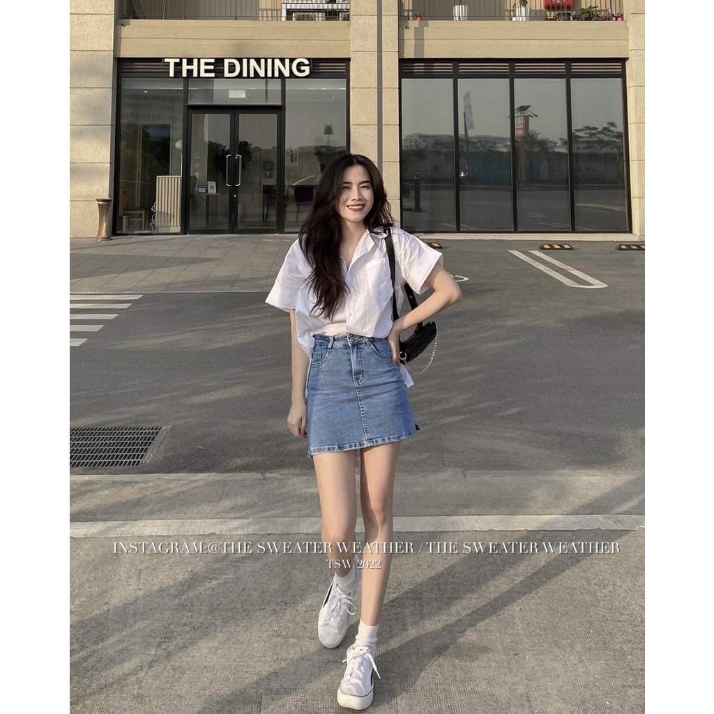 Chân váy jeans chữ A dáng ngắn 2 màu basic