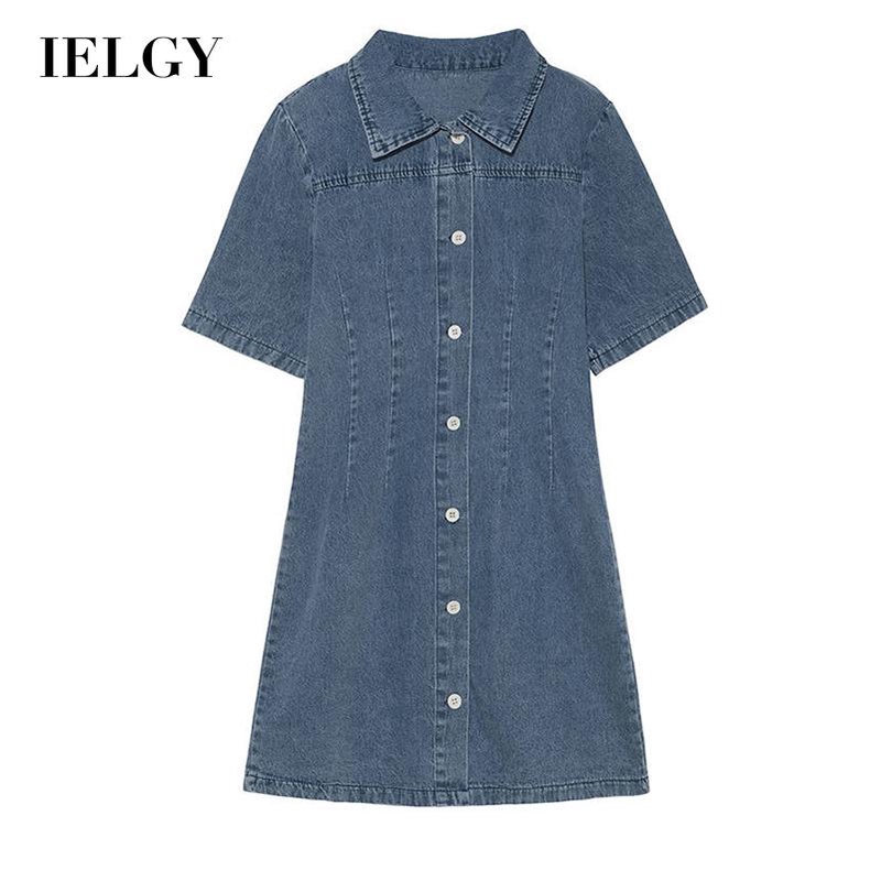 Đầm denim nữ IELGY vải mỏng màu xanh lam cổ polo tay ngắn