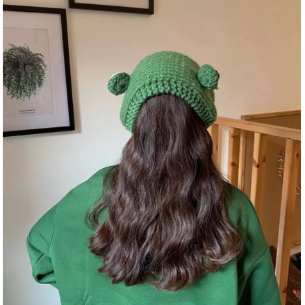 Mũ beanie dệt kim hình ếch mắt to hoạt hình giữ ấm mùa đông cho nữ