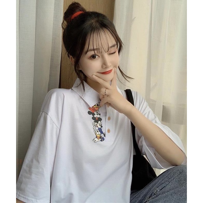 Áo Thun Form Rộng Cổ Trụ Unisex Nữ In Vịt Donal Mickey Chất Cotton Mềm Mịn Mát TTQ0030