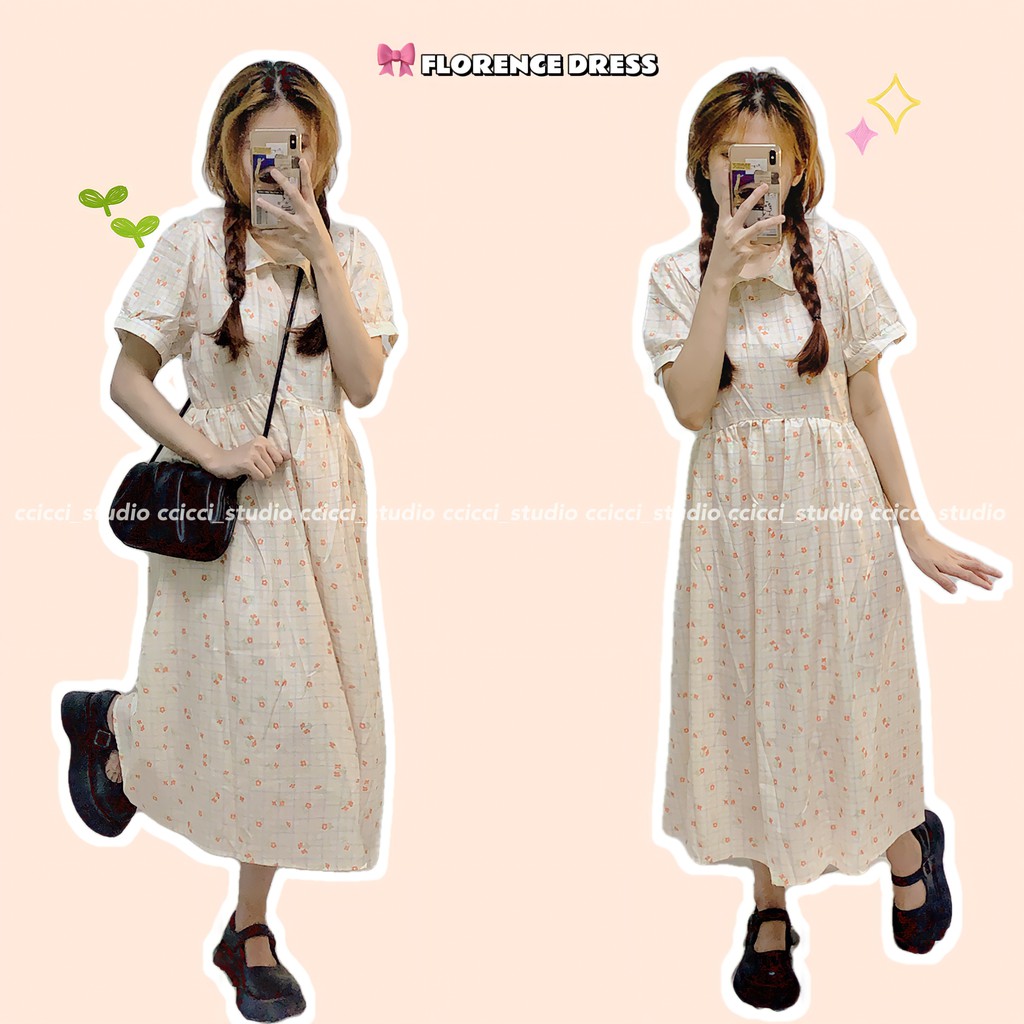 [CÓ SẴN] Florence Dress - Đầm Dài Midi Cổ Sen Kẻ Sọc Caro Hoạ Tiết Hoa Nhí Ulzzang