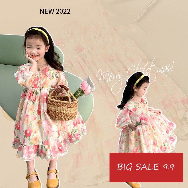 Váy đầm công chúa cho bé gái mùa thu hoa đào xinh xắn vải voan mềm mại từ 8-33kg mã T028