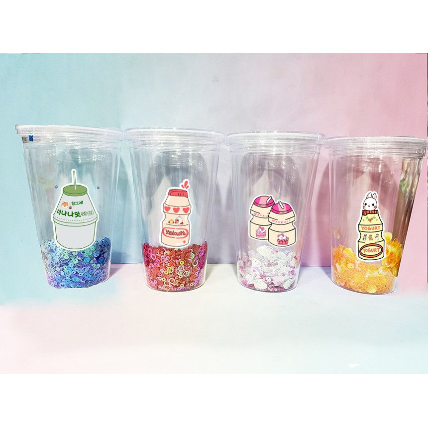 cốc 2 lớp kim tuyến yakult CNKI22 cốc giữ nhiệt ly 2 lớp cốc làm lạnh dễ thương 500ml