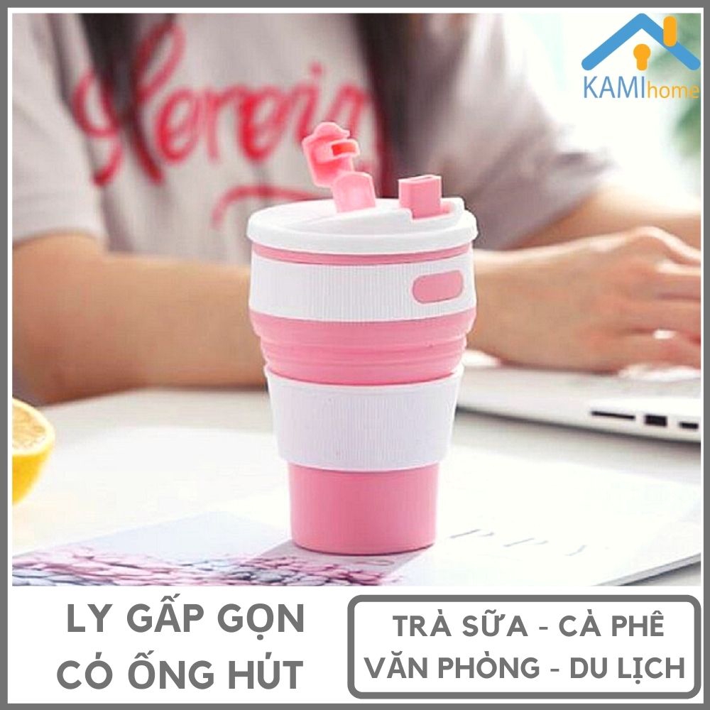 Ly uống trà sữa nước ép cà phê dễ thương gấp gọn có ống hút nắp chống tràn 350ml chất liệu Silicone an toàn mã 2201