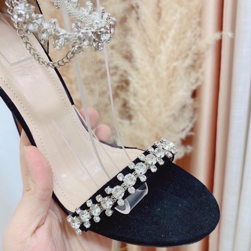 Sandal gót nhọn quai mảnh đính đá, sandal kín gót