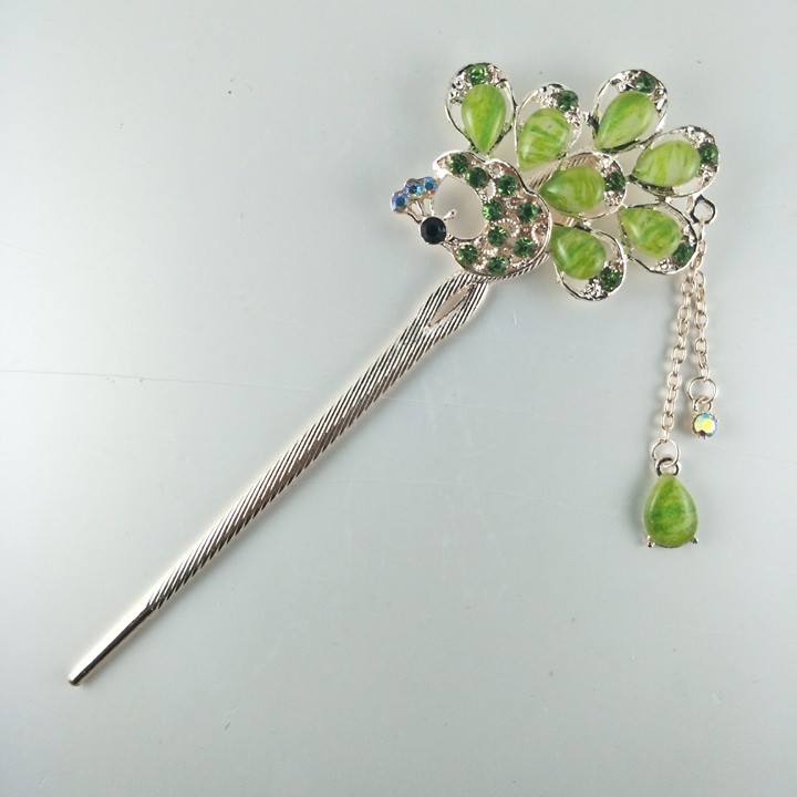 Trâm cài tóc đính đá họa tiết chim công tua rua vintage