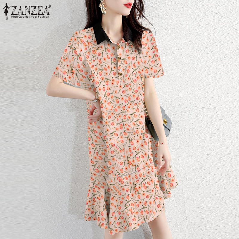 Đầm ZANZEA ngắn tay in hoa phong cách Hàn Quốc cho nữ