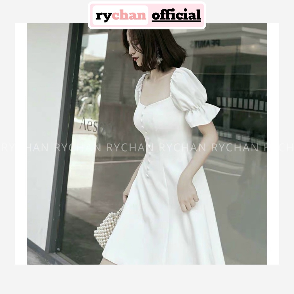 Đầm Xòe Cổ Vuông Tay Phồng Nút Bọc 2 Màu  - DX0141