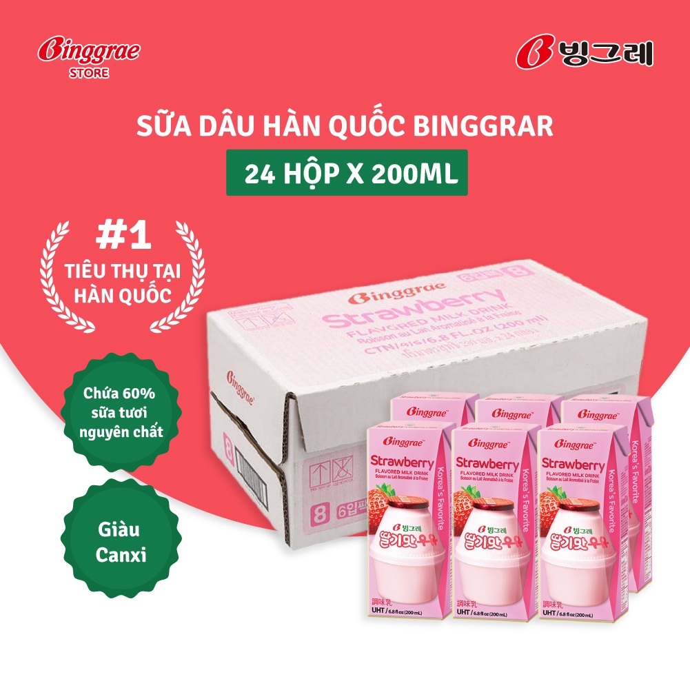 Mã BMLTA50 giảm đến 50K đơn 99K Thùng Sữa Dâu Hàn Quốc Binggrae Strawberry