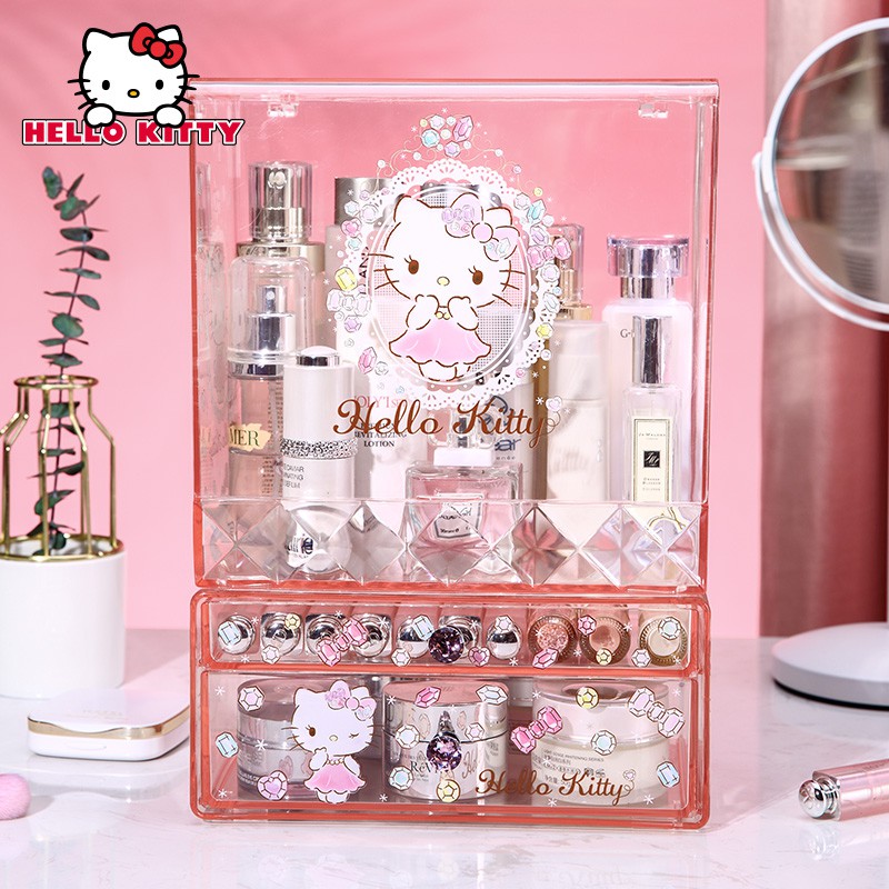 nổi tiếng❁❡Hộp bảo quản mỹ phẩm Hello kitty nhựa trong suốt để bàn đựng son môi mặt nạ