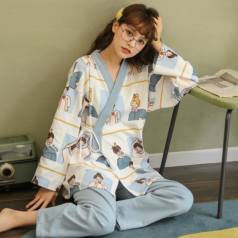 Bộ Đồ Ngủ Kimono Tay Dài Dáng Rộng Phong Cách Nhật Bản Ngọt Ngào Thời Trang Xuân Thu Cho Nữ