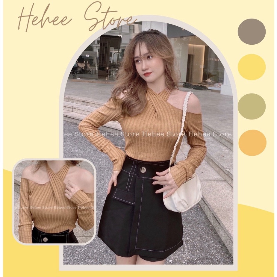 Áo len trễ vai chéo cổ tay dài sexy dáng đẹp thời trang kiểu Hàn Quốc dày dặn Hehee Store T04