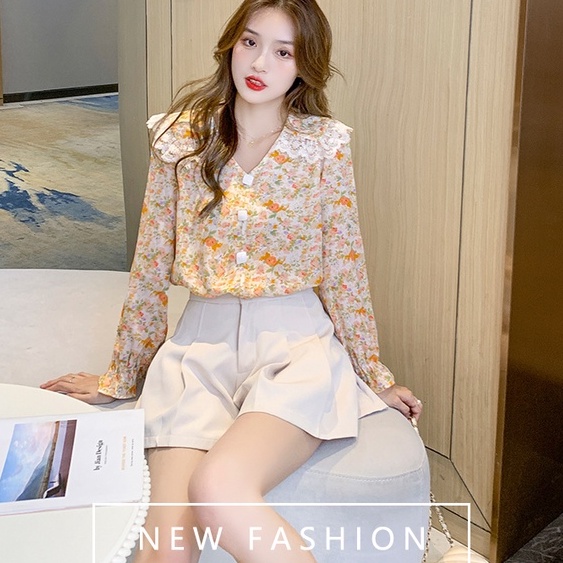 Áo chiffon dáng rộng tay dài họa tiết hoa thời trang dịu dàng cho nữ viền ren cổ