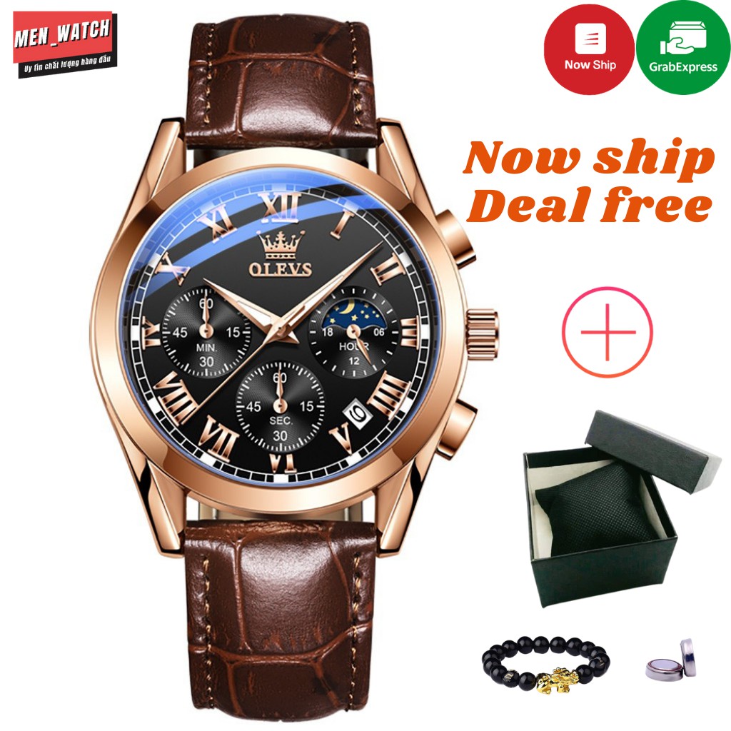 Đồng hồ nam Olevs 2871 dây da chính hãng, chống nước chống xước, lịch ngày đêm dạ quang chạy full 6 kim sang trọng
