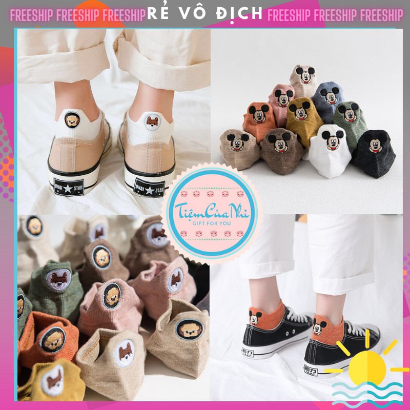 Vớ Tất cổ ngắn trơn nữ cotton nhiều màu thêu mickey, gấu chó trên cổ vớ sau gót phong cách Hàn Quốc Tiệm Của Nhi VCN01
