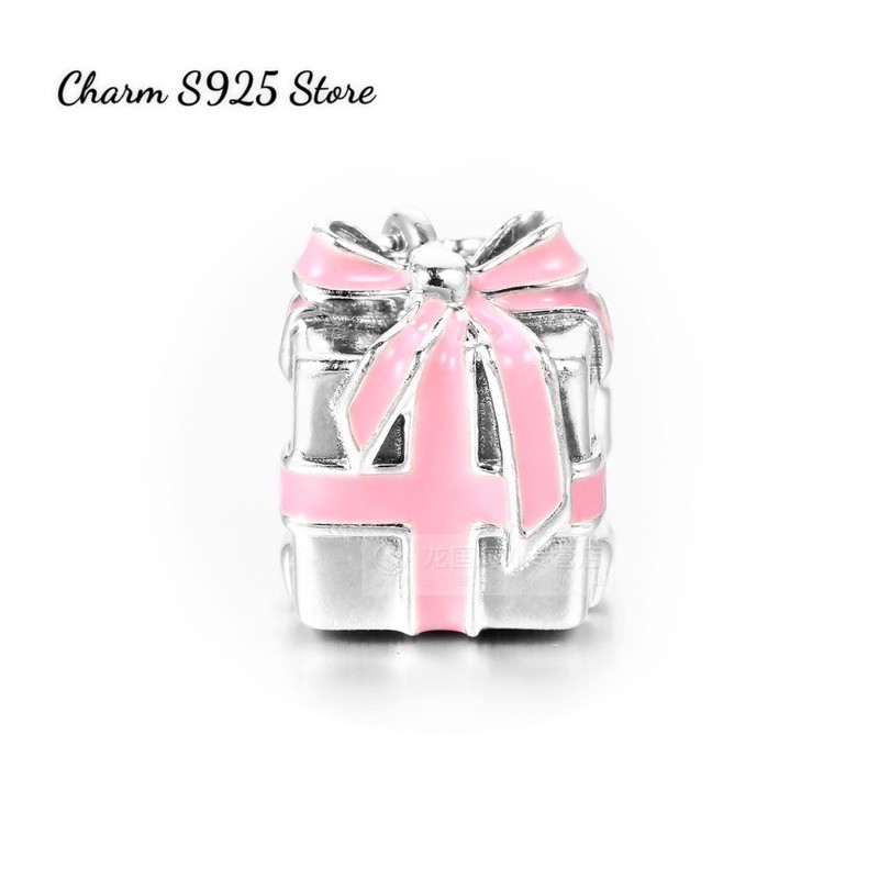 charm pan hộp quà nơ hồng bạc s925 cao cấp