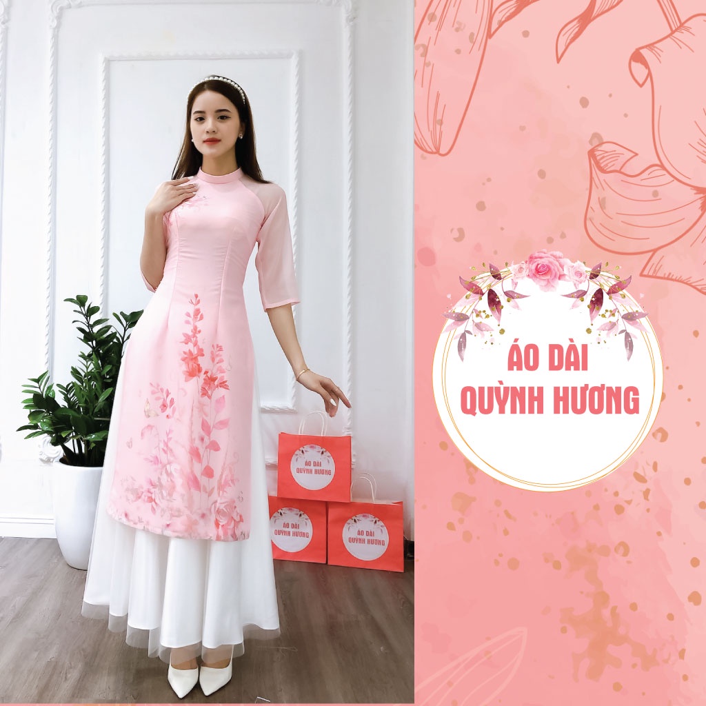 Áo dài voan tơ màu hồng in hoa, áo dài cách tân