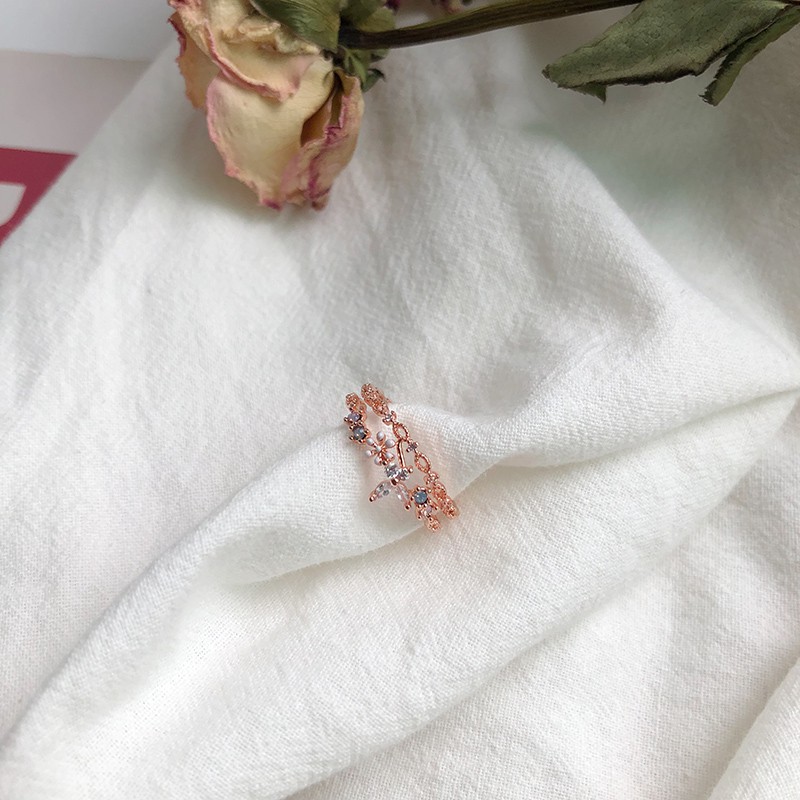 Nhẫn hở hai lớp màu vàng hồng hình bông hoa đính đá zircon thời trang cá tính cho nữ