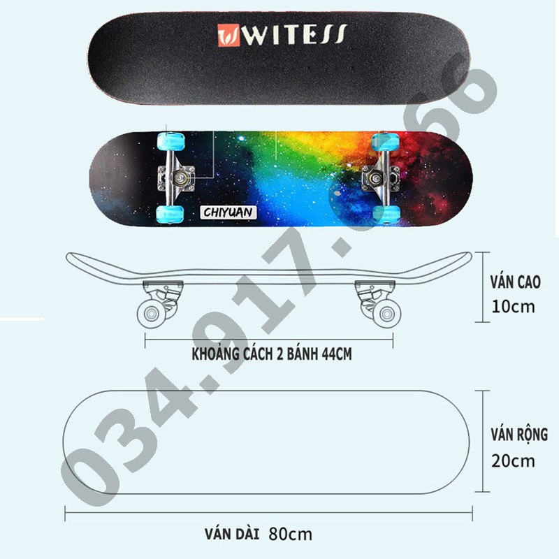 Ván trượt thể thao Skateboard chất liệu gỗ phong ép cao cấp 7 lớp tải trọng 200kg mặt nhám đá kim cương ván người lớn