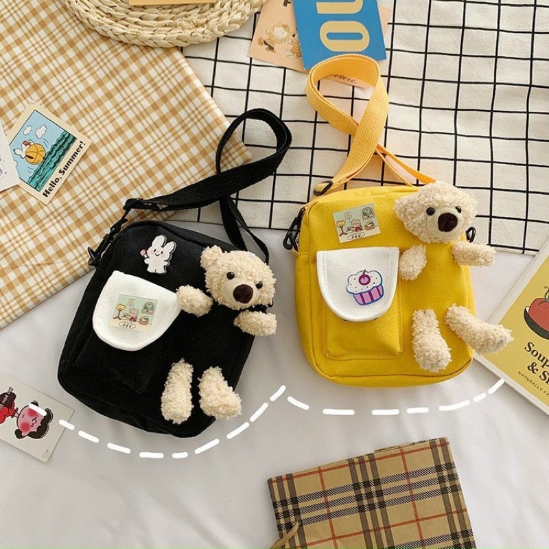 Túi vải dù đeo chéo đáng yêu có gấu teddy nổi( hàng quảng châu loại 1)
